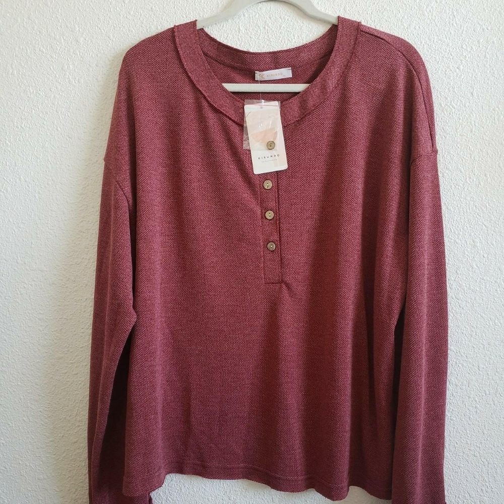 Nwt Kirundo Women Quater Button Maaron Waffle Longsleeve
